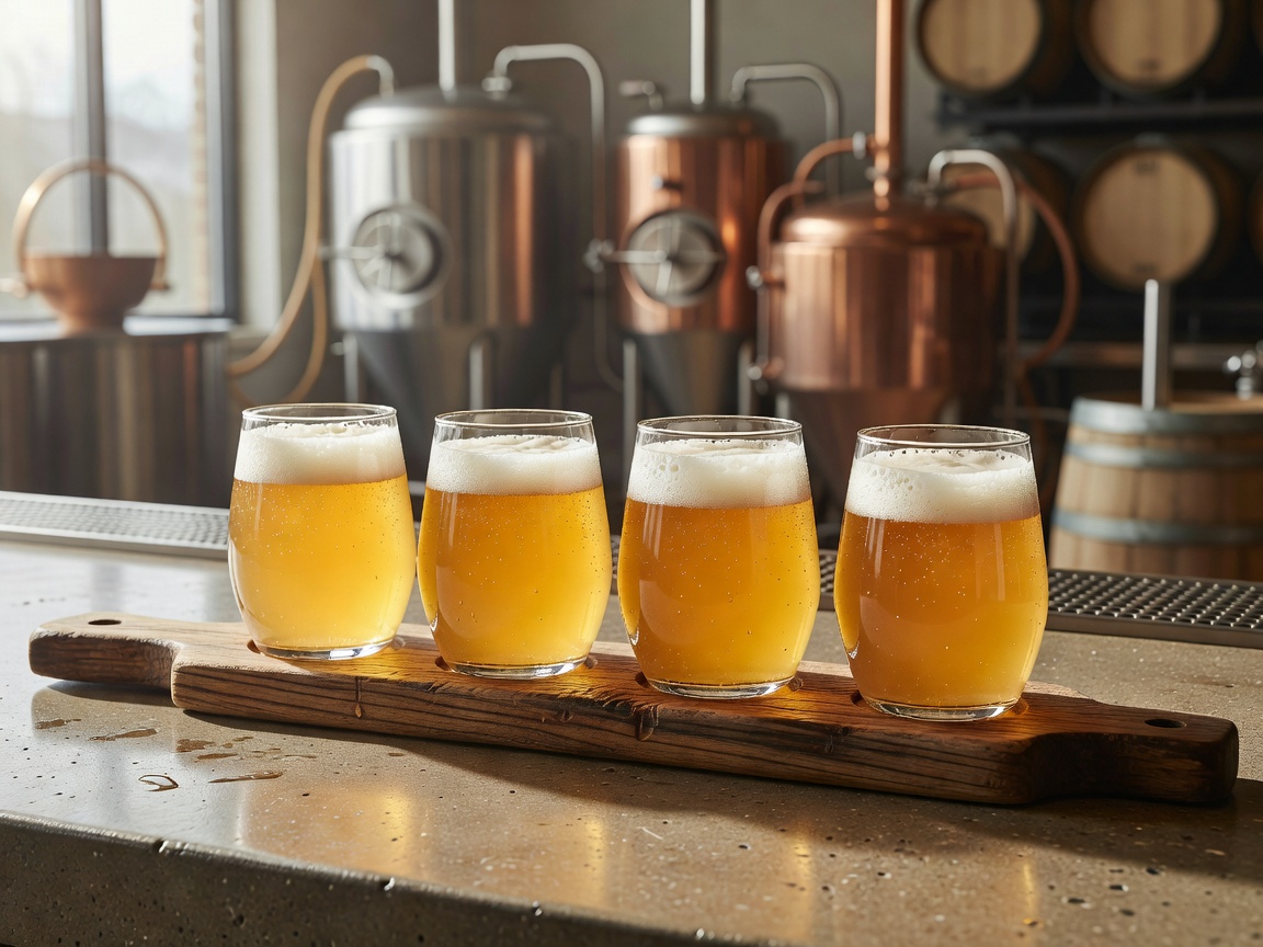 Artisan brewery flight with golden hazy pale ale glasses