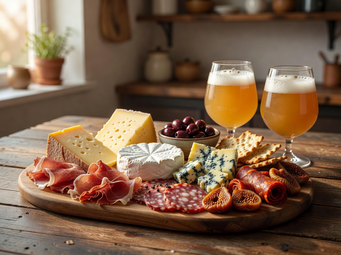 Artisan cheese and charcuterie board paired with craft ale glasses
