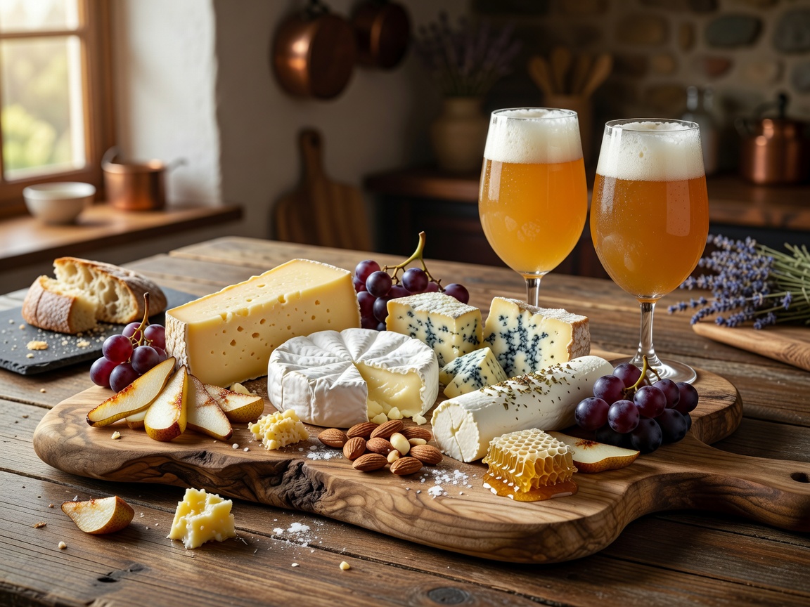 Artisan cheese and charcuterie board paired with craft ale glasses