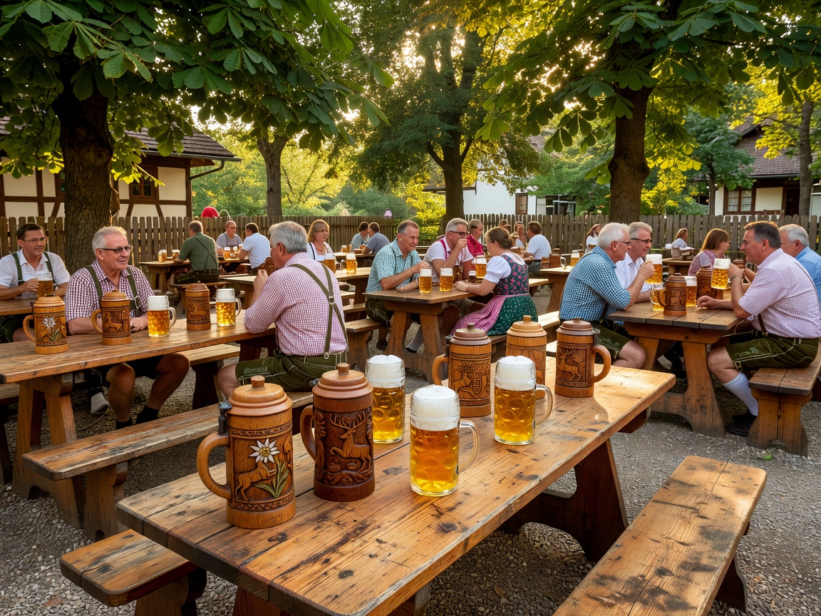 Bavarian style beer garden with wooden steins and traditional lagers