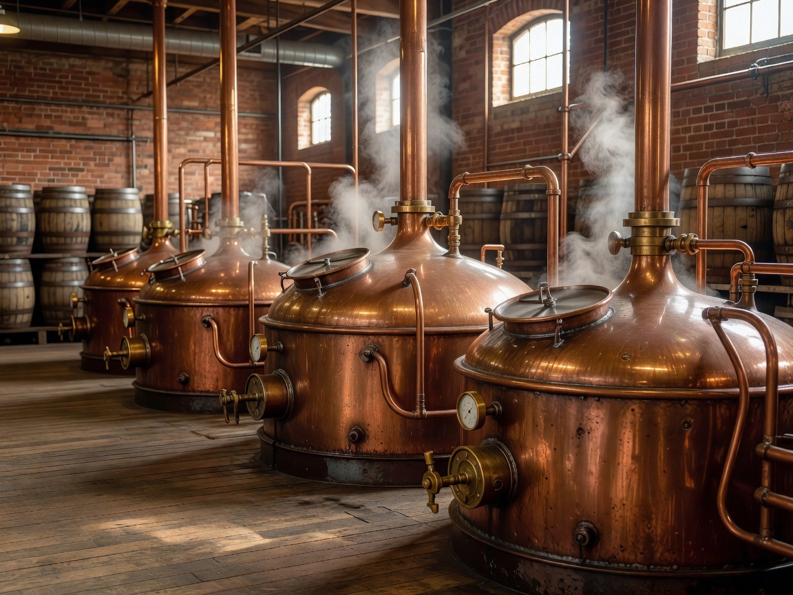 Copper brewing kettles inside an authentic craft brewery
