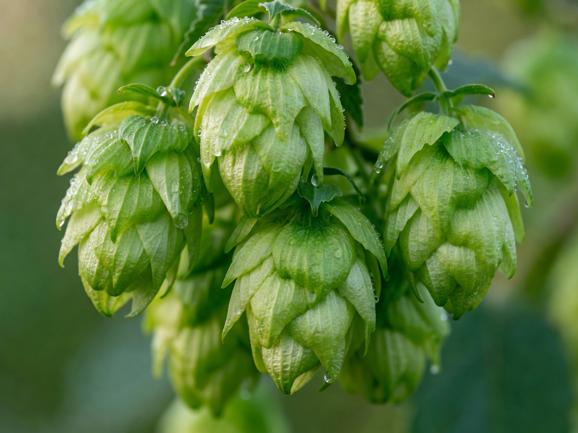 Fresh green hop cones close up