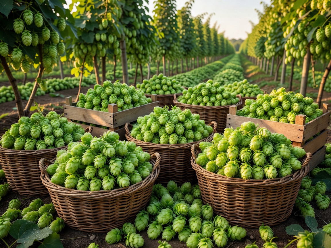 Freshly harvested green hop cones close up
